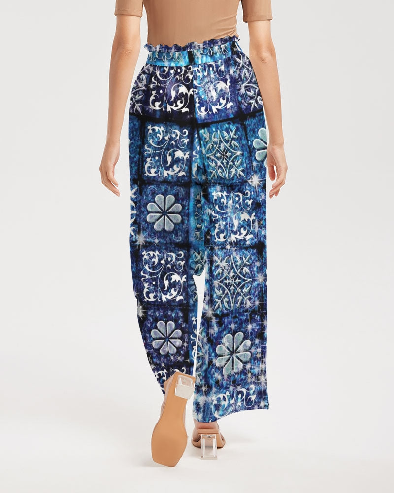 Blue Ice Crystals Motif Women's All-Over Print High-Rise Wide Leg Pants