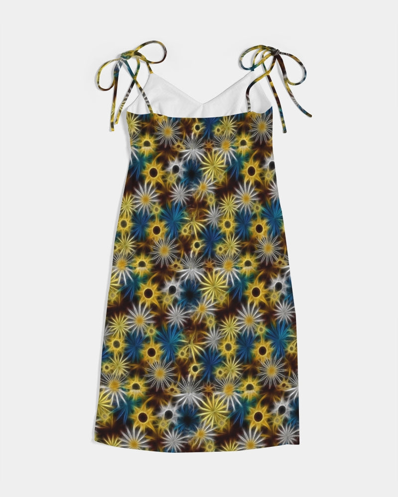 Blue and Yellow Glowing Daisies Women's All-Over Print Tie Strap Split Dress