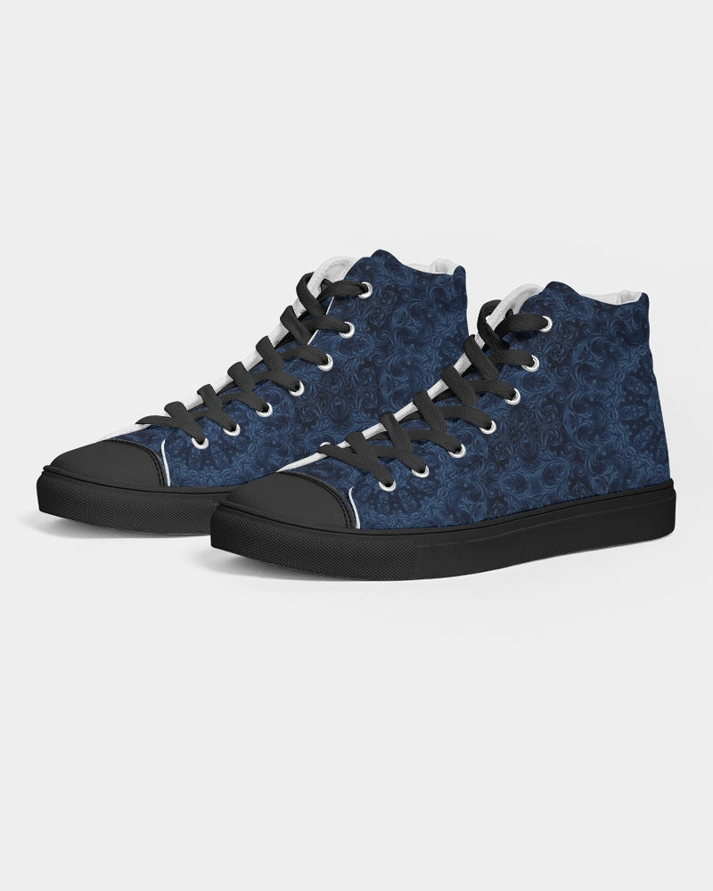 Blue Faux Velvet Kaleidoscope Women's Hightop Canvas Shoe - Black