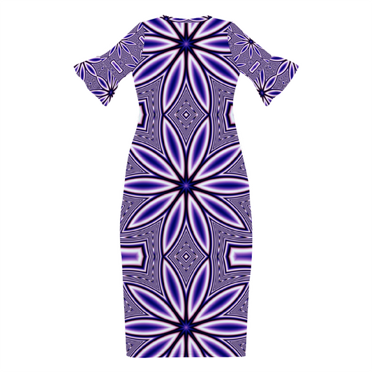 Blue Fractal Flower Custom Lotus Leaf Short Sleeve Long Dress Women's Summer Fashion Dress