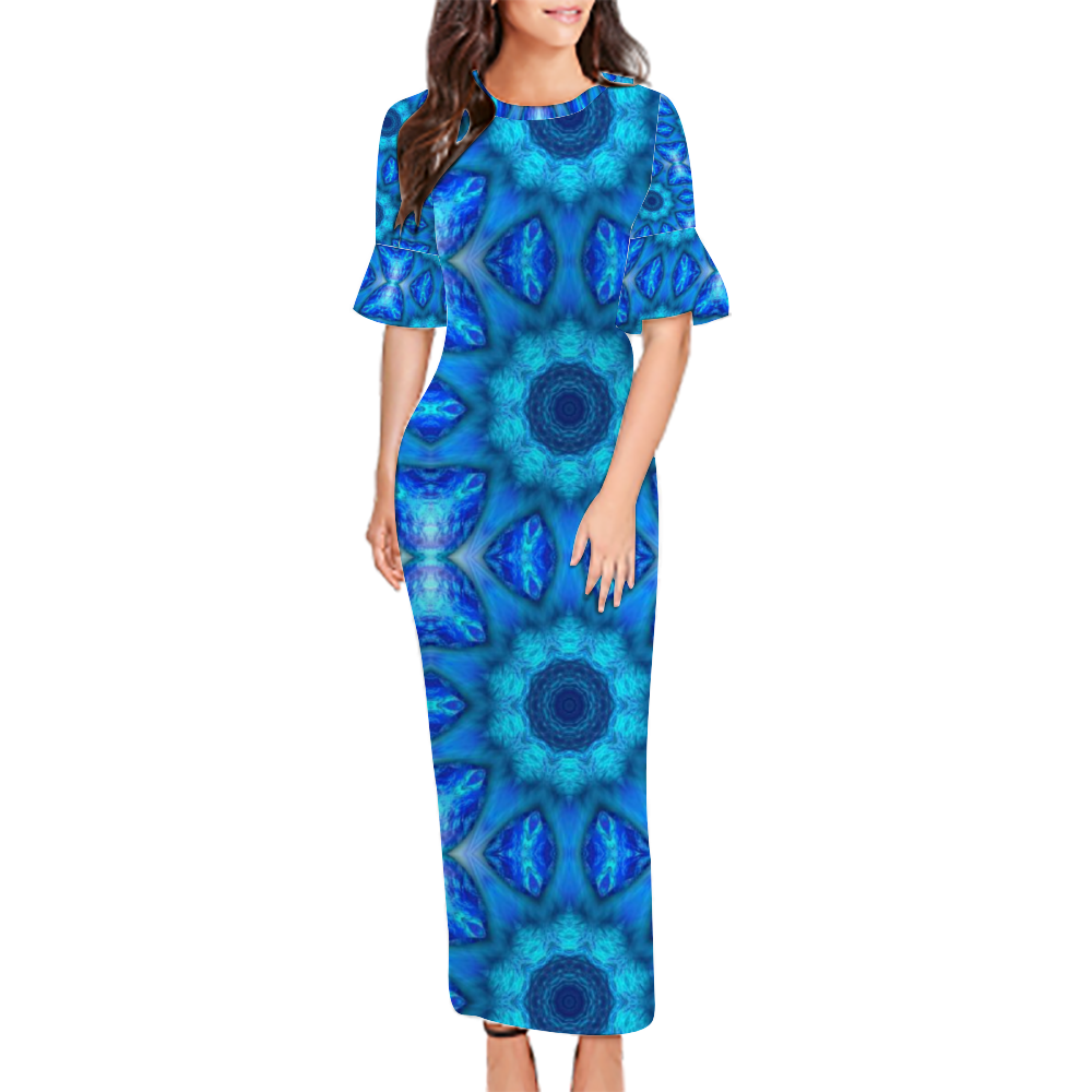 Blue Ocean Kaleidoscope Custom Lotus Leaf Short Sleeve Long Dress Women's Summer Fashion Dress