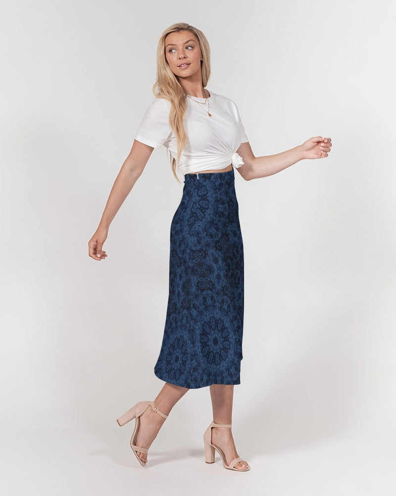 Blue Faux Velvet Kaleidoscope Women's All-Over Print A-Line Midi Skirt