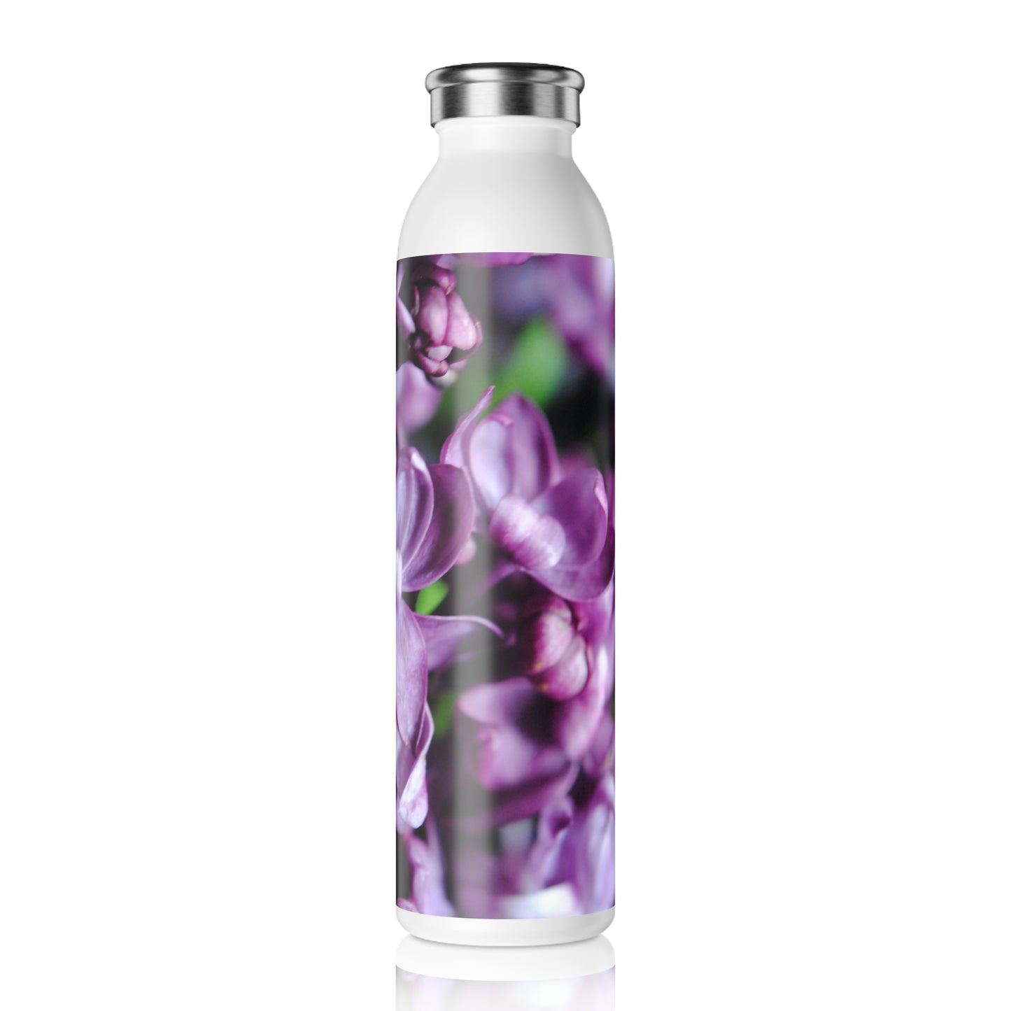 Macro Lilacs Slim Water Bottle, Purple Flower Design, Eco-Friendly Hydration, Gift for Nature Lovers, Reusable Stylish Drinkware
