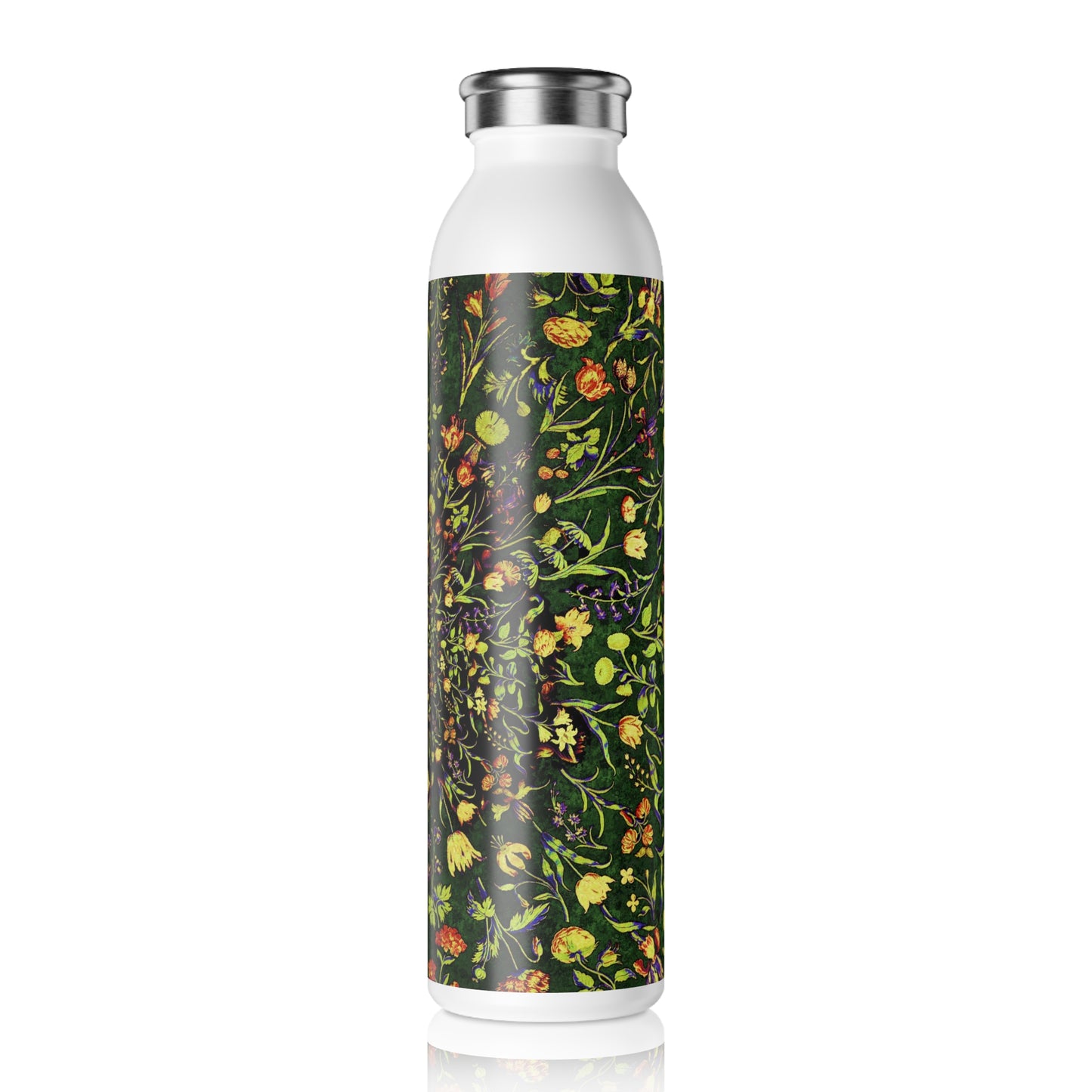 Medieval Flowers on Green Pattern Slim Water Bottle, Eco-Friendly Drinkware, Reusable Gym Bottle, Stylish Travel Mug, Gift for Her, Nature Lover
