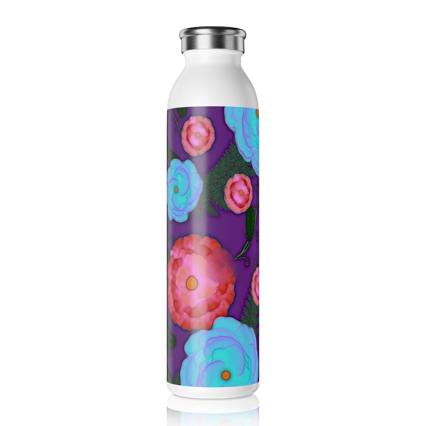 Pink and Blue Flowers On Purple Slim Water Bottle, Stainless Steel Bottle, Reusable Hydration Gift, Eco-Friendly Drinkware, Spring/Summer Outdoors