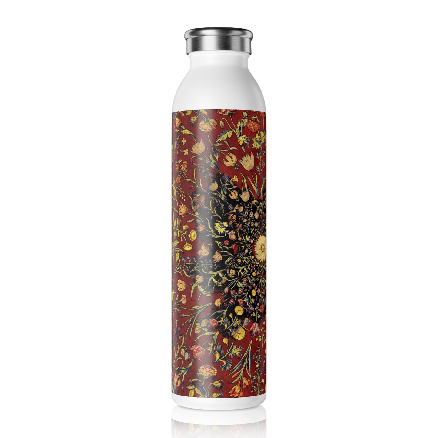 Medieval Flowers On Red Slim Water Bottle - Eco-Friendly Hydration, Perfect for Gym, Travel, Gift, Summer, Everyday Use
