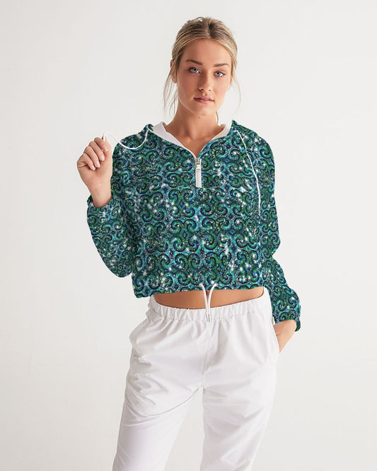 Blue Ice Sparkle Swirl Women's All-Over Print Cropped Windbreaker
