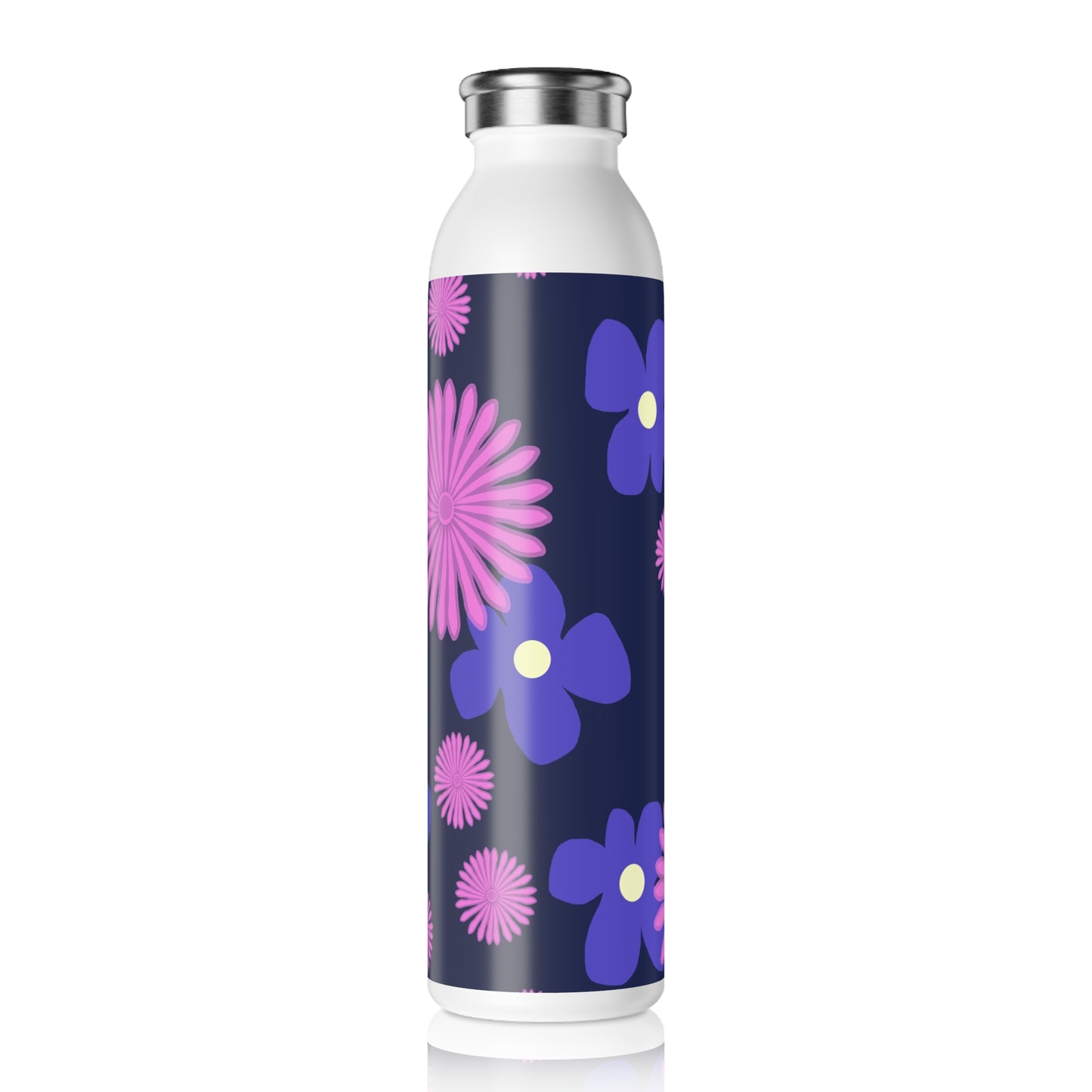 Pink and Blue Flowers Slim Water Bottle with Colorful Design, Reusable Drink Container, Eco-Friendly Gift, Travel Hydration, Summer Accessories