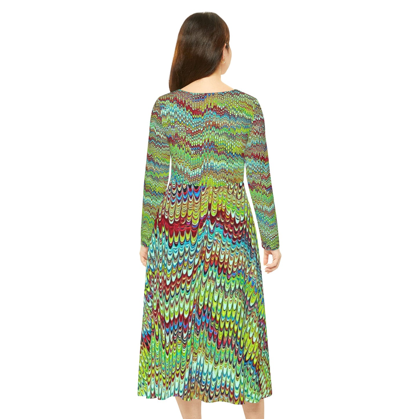 Green Marbling AOP Women's Dance Dress - Colorful Long Sleeve Dress for Parties, Events, Celebrations, Casual Outings, Dance Classes