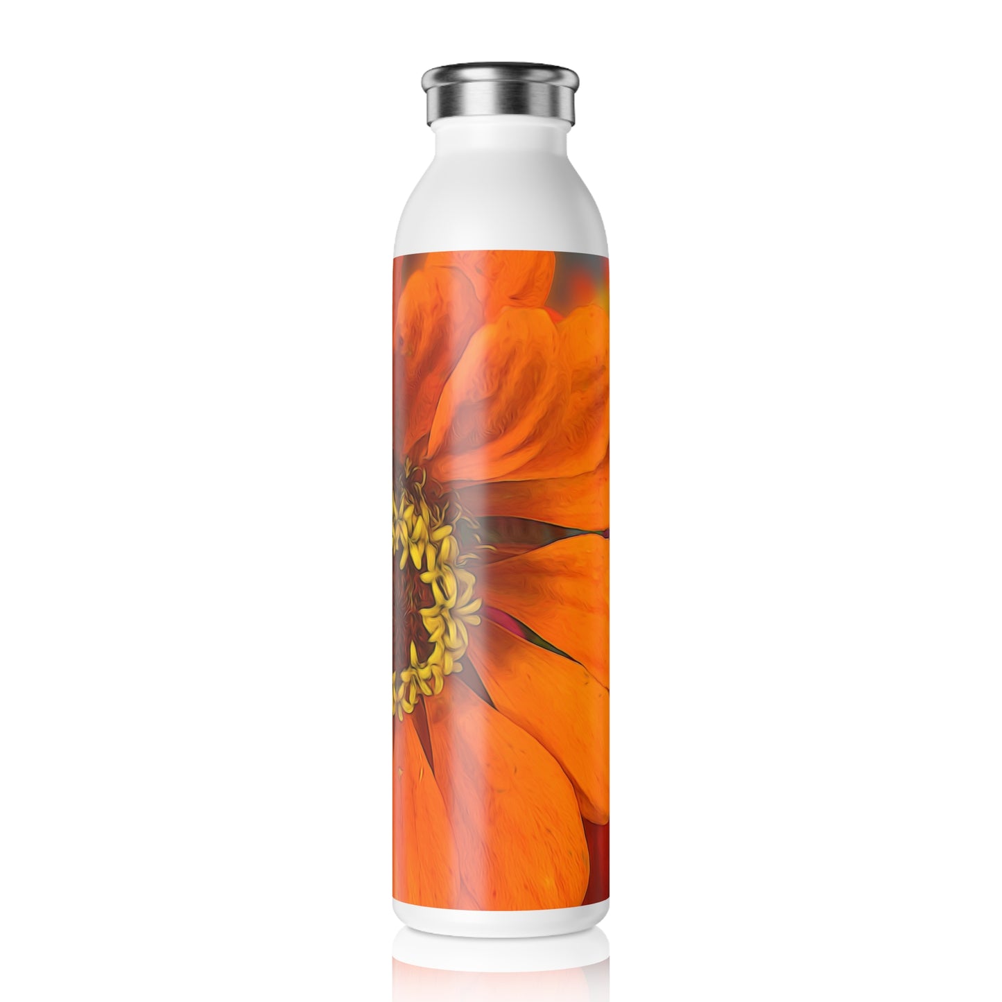 Orange and Yellow Flower Detail Slim Water Bottle, Eco-Friendly Hydration, Floral Gift for Outdoor Lovers, Fitness Accessory, Summer Water Bottle
