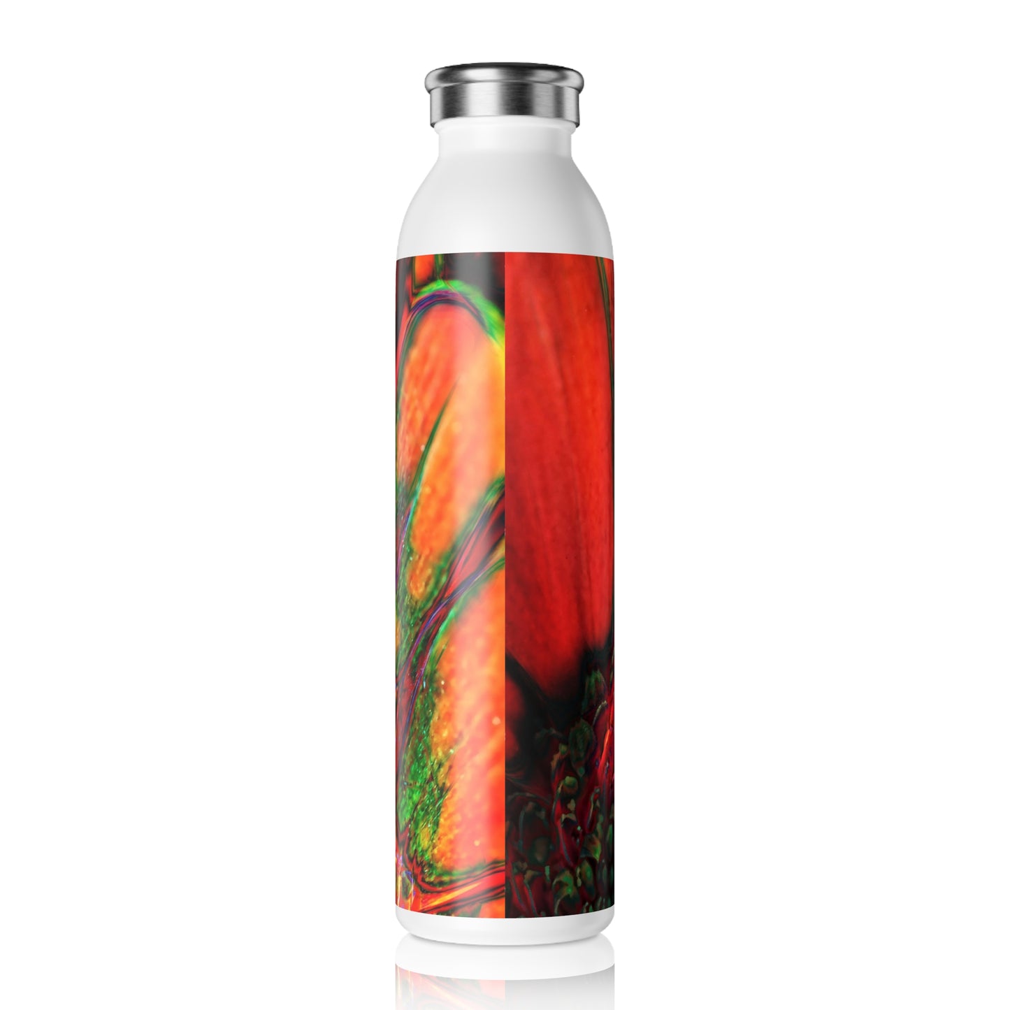 Abstract Psychedelic Orange Gerber Daisy Slim Water Bottle - Vibrant Bubble Design, Eco-Friendly Hydration, Gift for Nature Lovers, Workout Companion, Travel Mug