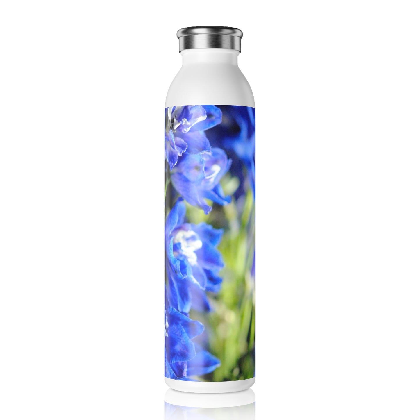 Blue Delphinium Slim Water Bottle - Personalized Gift, Eco-Friendly Beverage, Hydration Container, Summer Accessory, Travel Essentials