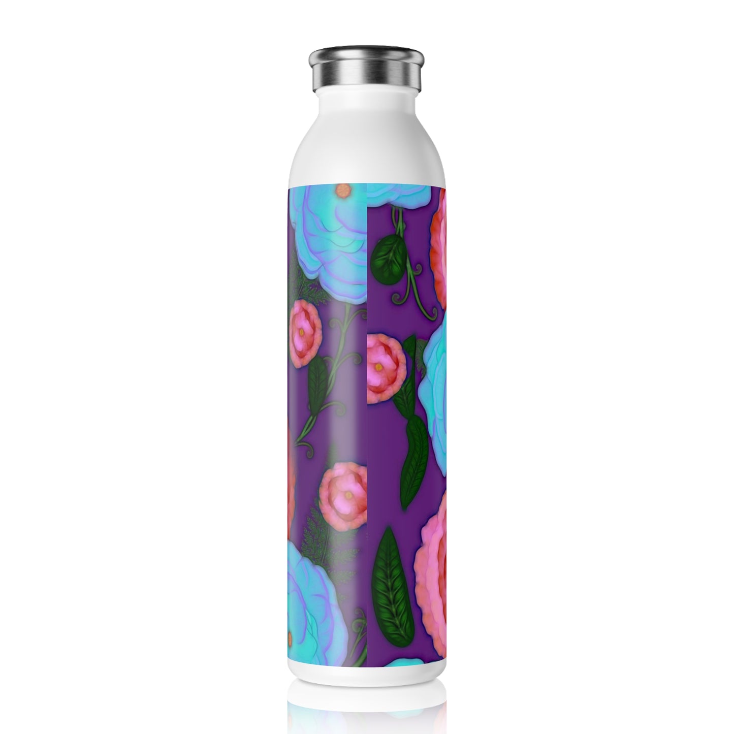 Pink and Blue Flowers On Purple Slim Water Bottle, Stainless Steel Bottle, Reusable Hydration Gift, Eco-Friendly Drinkware, Spring/Summer Outdoors