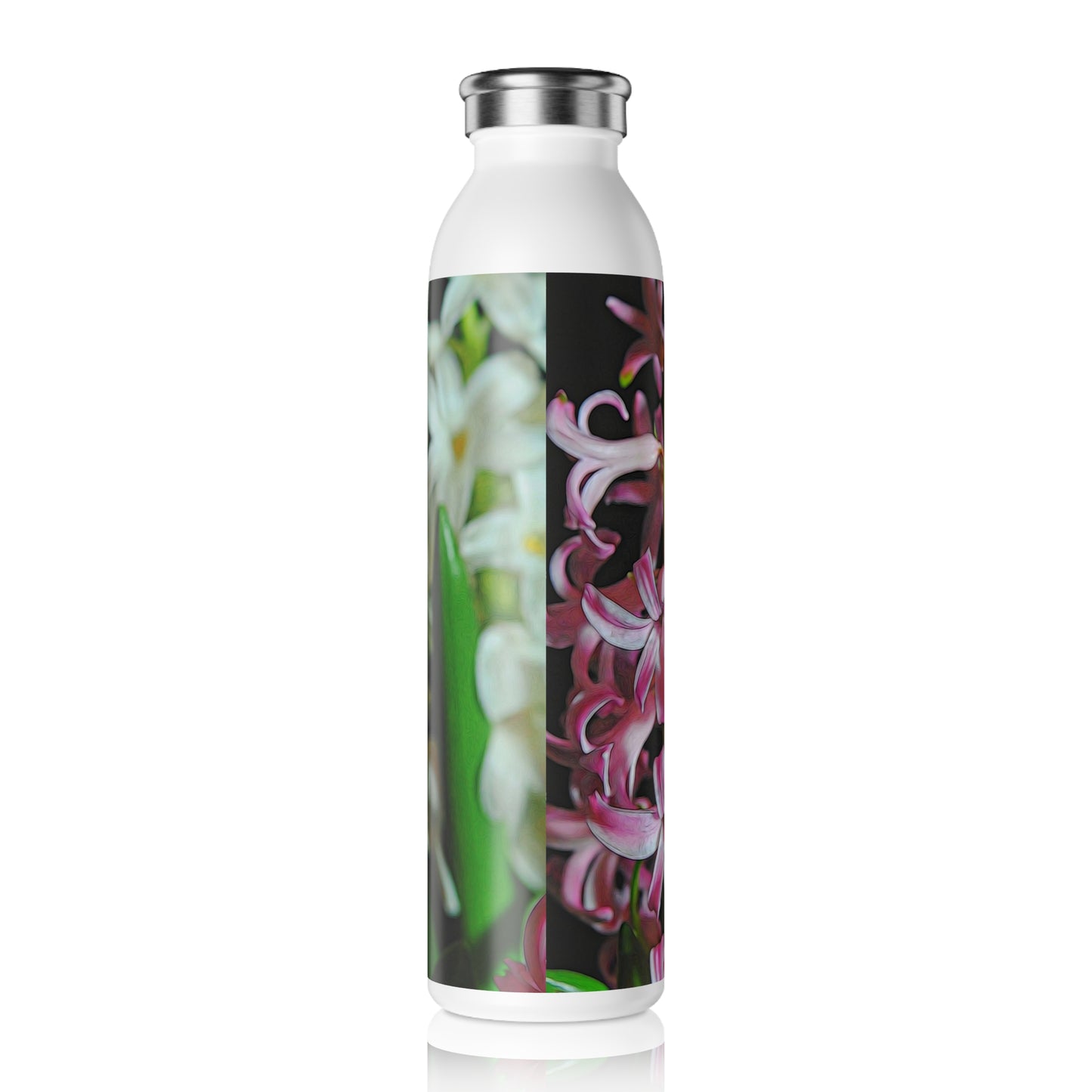 Pink and White Hyacinths Slim Water Bottle - Stylish Hydration for Nature Lovers, Travel Mug, Gift for Gardeners, Eco-Friendly Drinkware, Hydration on the Go