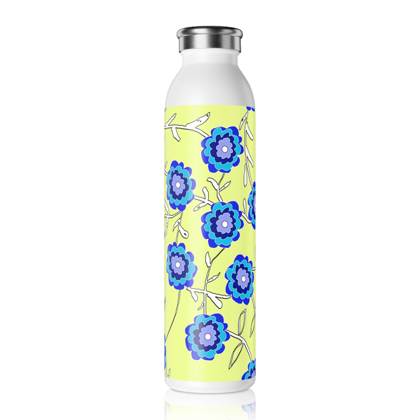 Blue Flowers On Yellow Slim Water Bottle | Eco-Friendly Drinkware, Gift for Her, Summer Hydration, Travel Accessory, Yoga Essentials