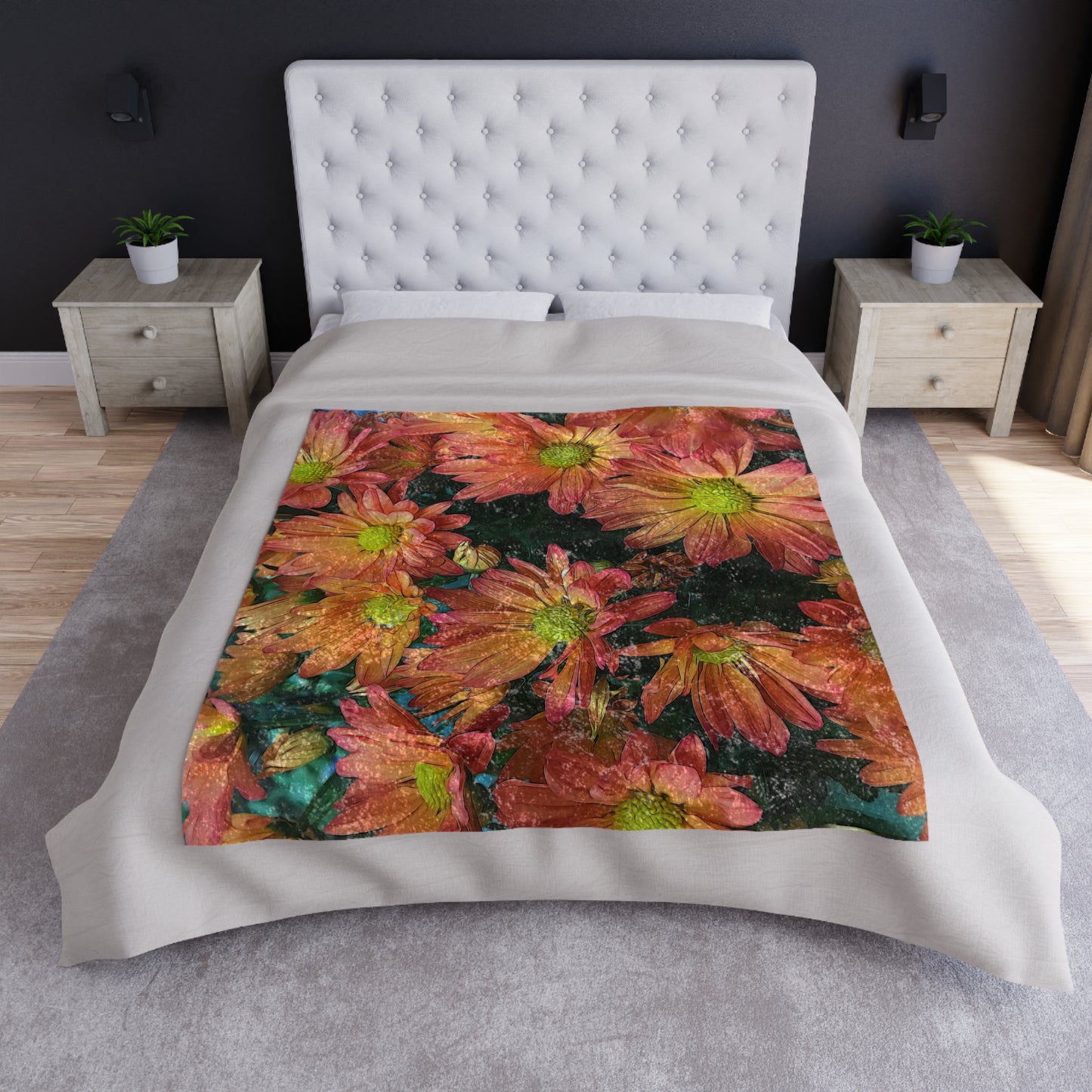 Cream and Pink Fall Flowers Crushed Velvet Blanket