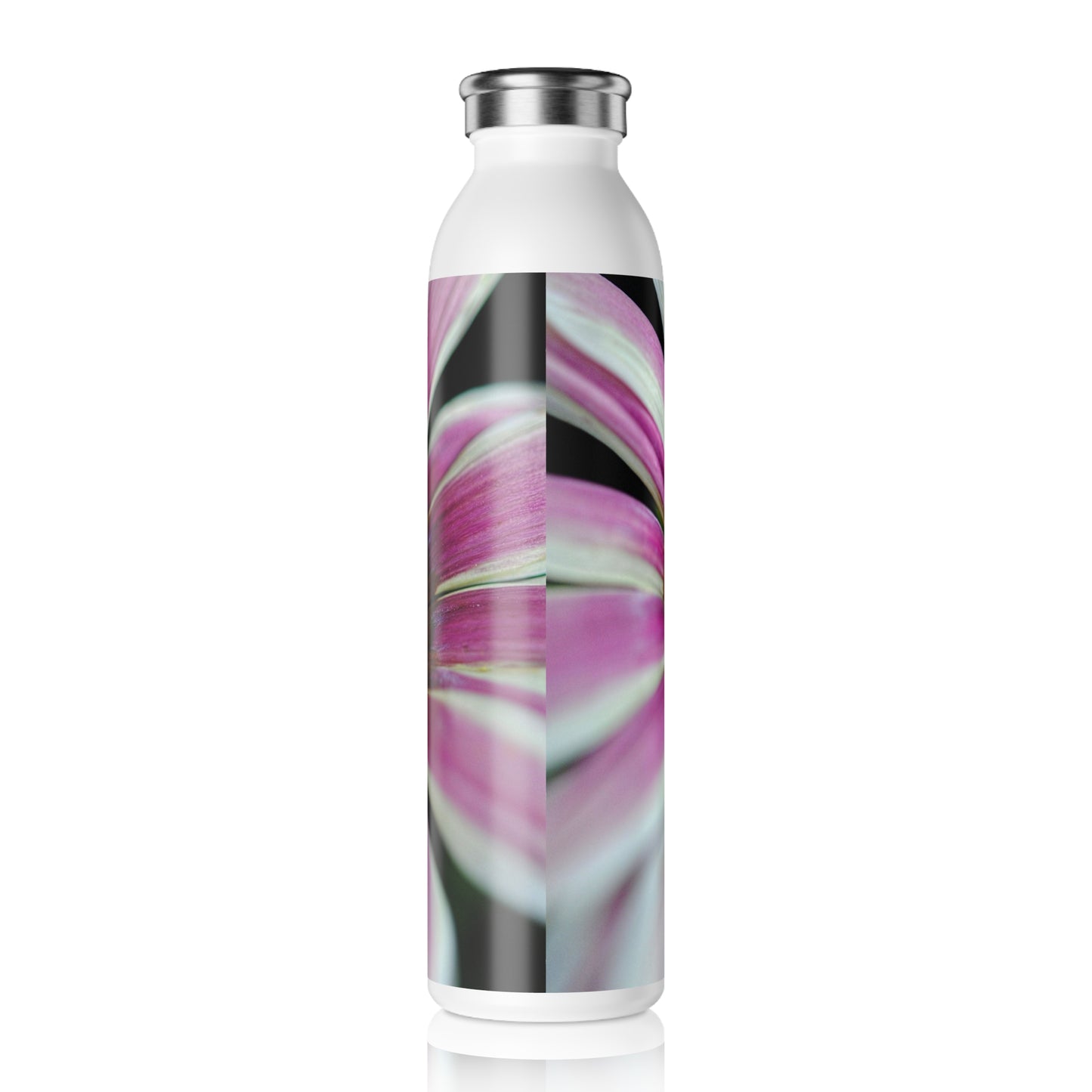 Pink and White Petals with Pollen Center Slim Water Bottle, Hydration Gift for Nature Lovers, Beautiful Flower Design, Eco-Friendly Travel Bottle, Perfect for Yoga & Outdoors