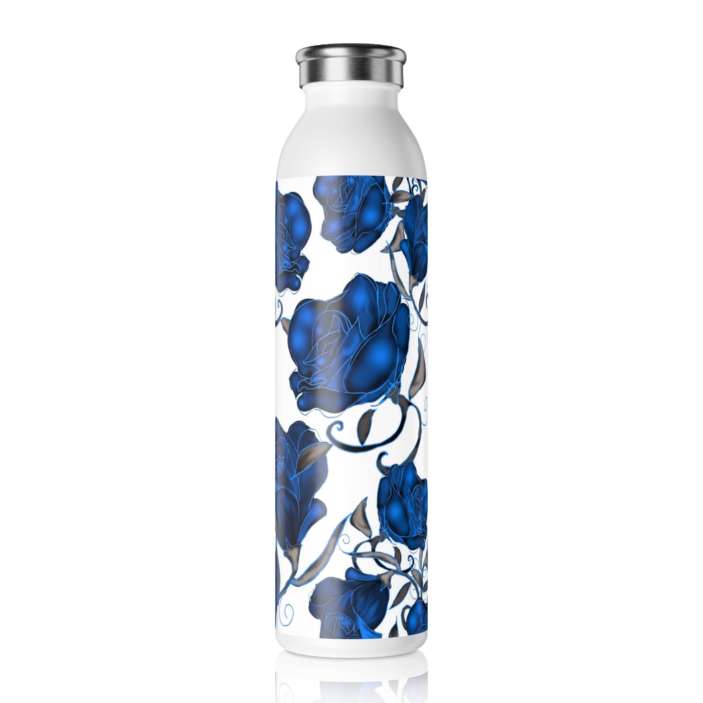 Blue Roses Slim Water Bottle, Stylish Stainless Steel Hydration, Rose Design Gift, Eco-Friendly Travel Flask, Blue Flower Tumbler