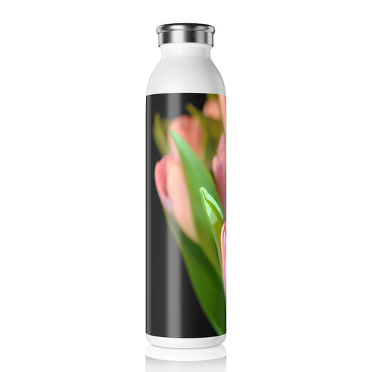 Slim Water Bottle — Pink Tulip Floral Stainless Steel Bottle, Spring Garden Drinkware