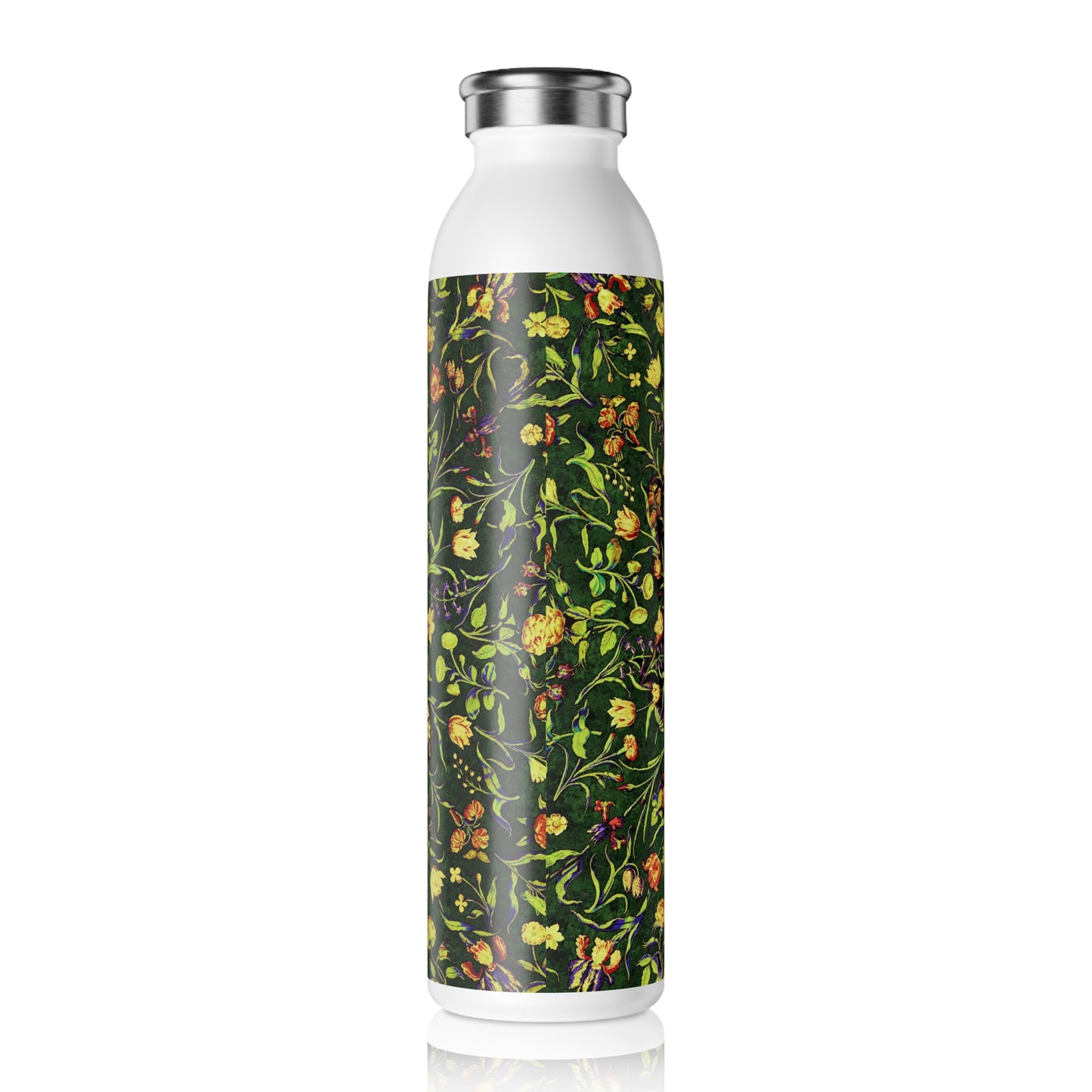 Medieval Flowers on Green Pattern Slim Water Bottle, Eco-Friendly Drinkware, Reusable Gym Bottle, Stylish Travel Mug, Gift for Her, Nature Lover