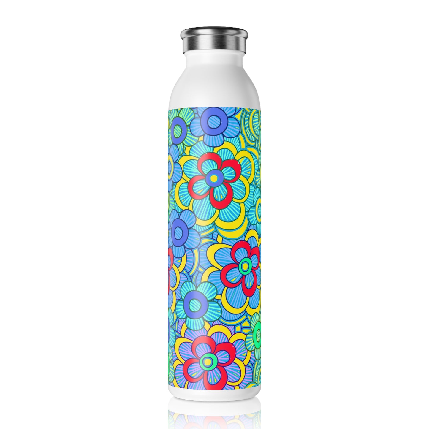 Green Retro Flowers Slim Water Bottle, Eco-Friendly Hydration, Stylish Drinkware, Perfect for Gifting, Fitness, Summer, Travel