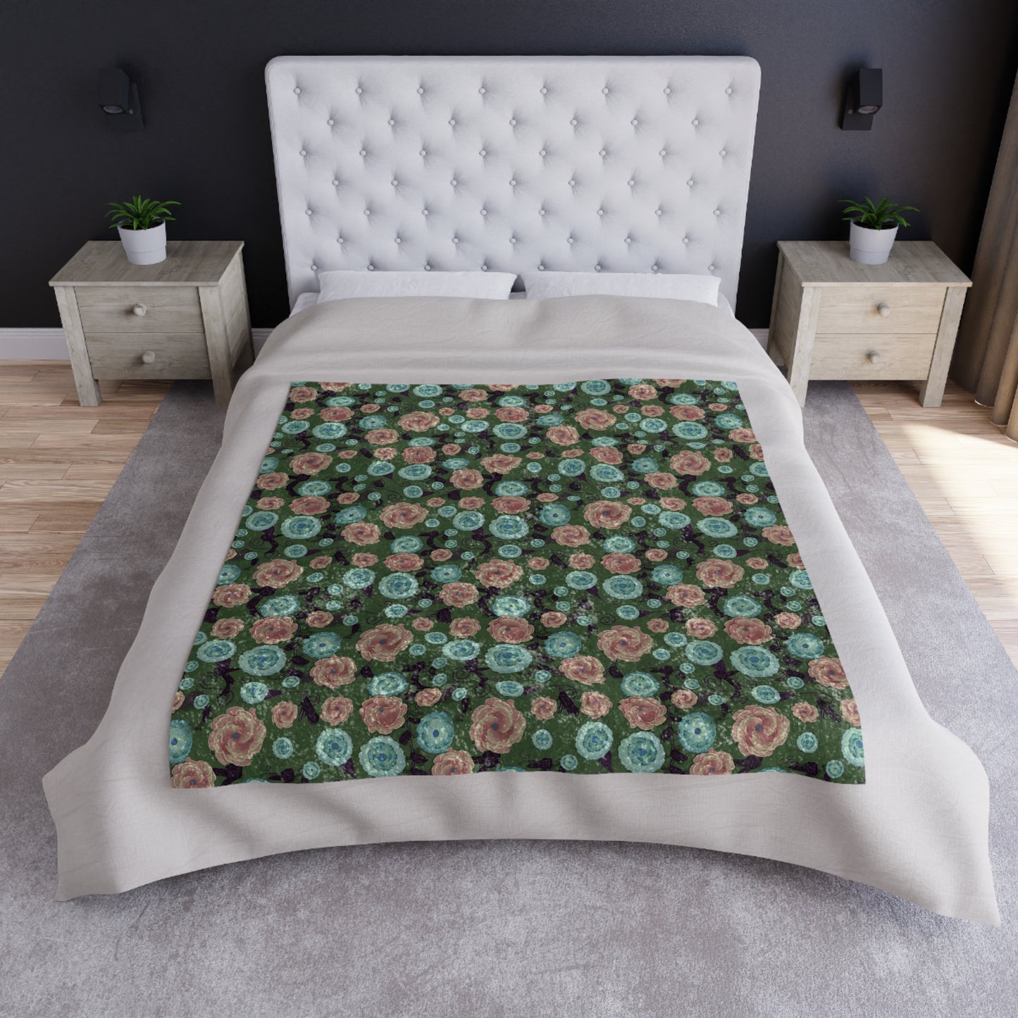 Earthy Peach and Turquoise Flower Pattern Crushed Velvet Blanket