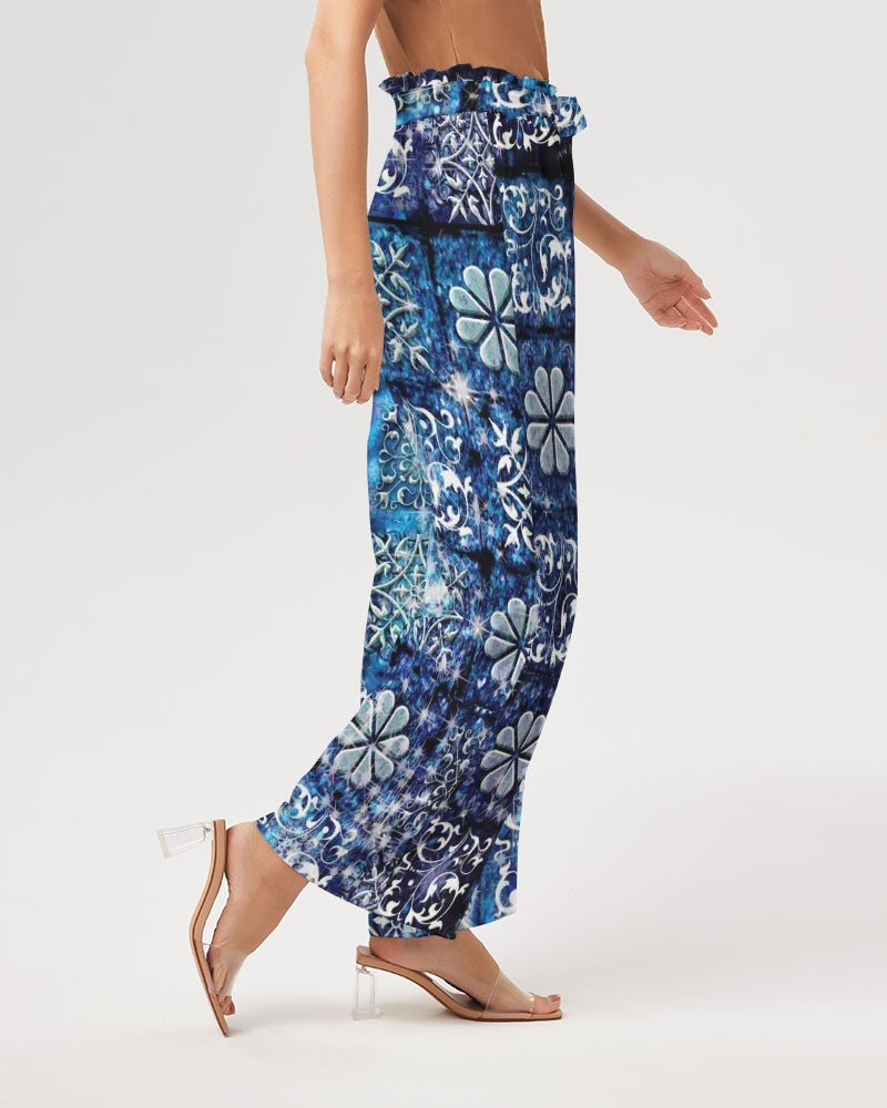 Blue Ice Crystals Motif Women's All-Over Print High-Rise Wide Leg Pants