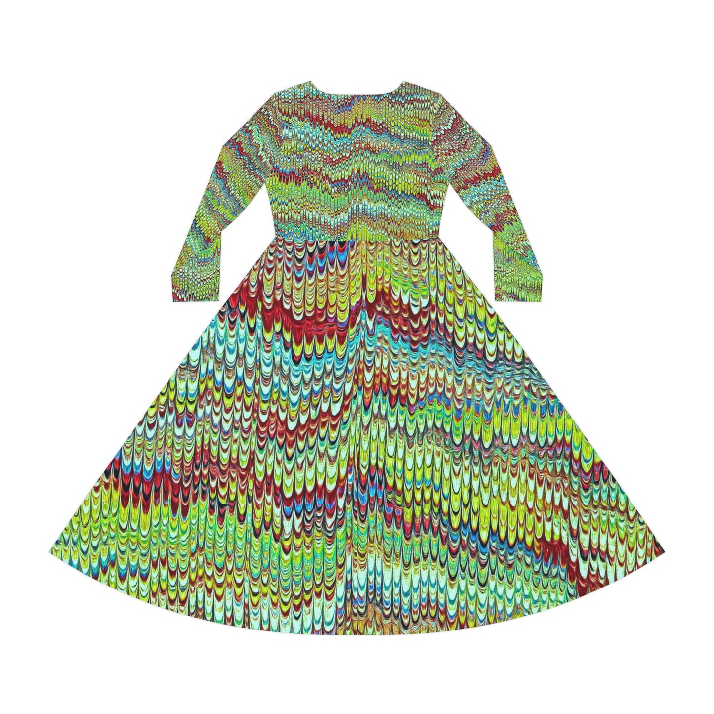 Green Marbling AOP Women's Dance Dress - Colorful Long Sleeve Dress for Parties, Events, Celebrations, Casual Outings, Dance Classes