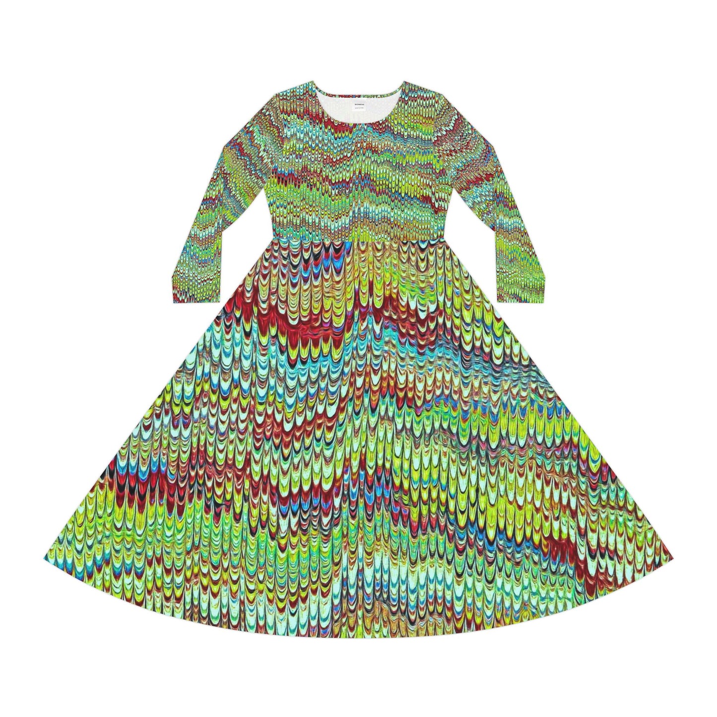 Green Marbling AOP Women's Dance Dress - Colorful Long Sleeve Dress for Parties, Events, Celebrations, Casual Outings, Dance Classes