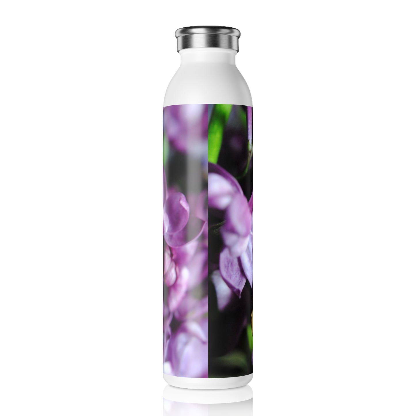Macro Lilacs Slim Water Bottle, Purple Flower Design, Eco-Friendly Hydration, Gift for Nature Lovers, Reusable Stylish Drinkware