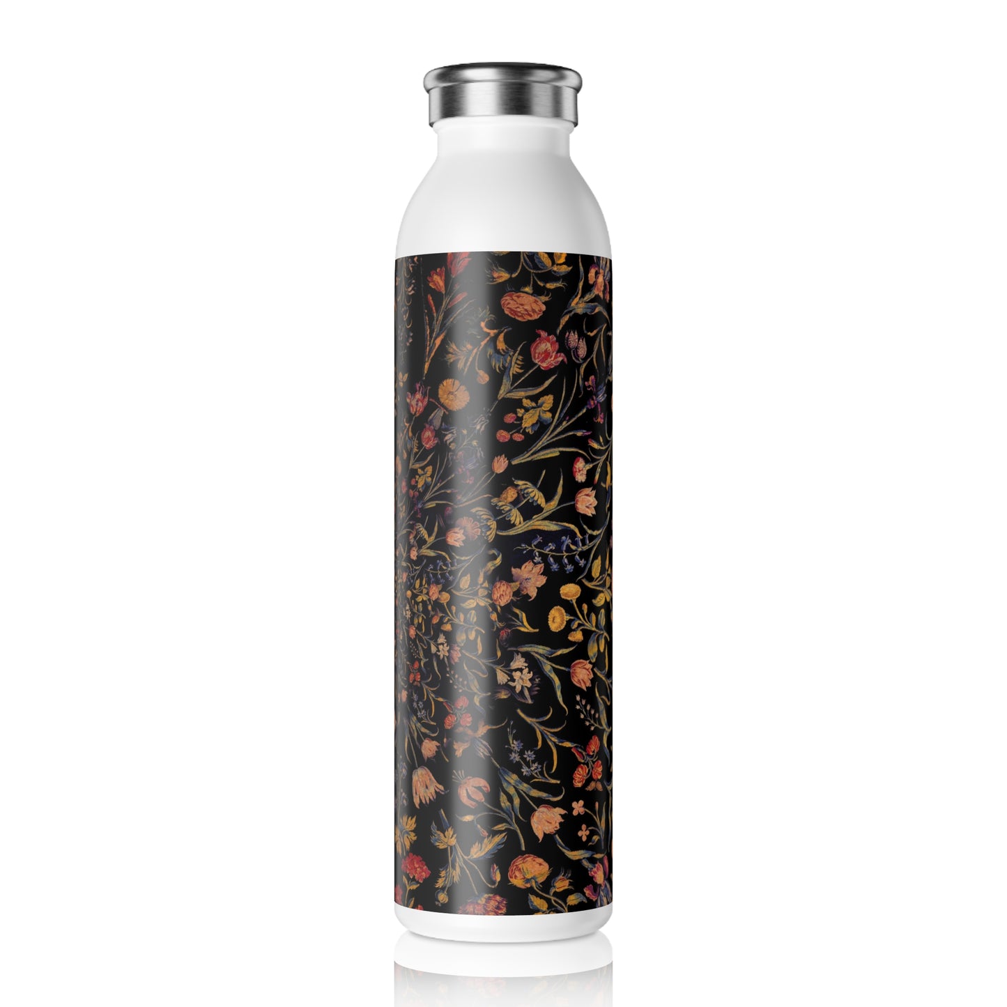 Medieval Flowers On Black Slim Water Bottle - Stylish Drinkware for Yoga, Gifts for Her, Eco-Friendly Hydration, Summer Accessory, Travel Essential