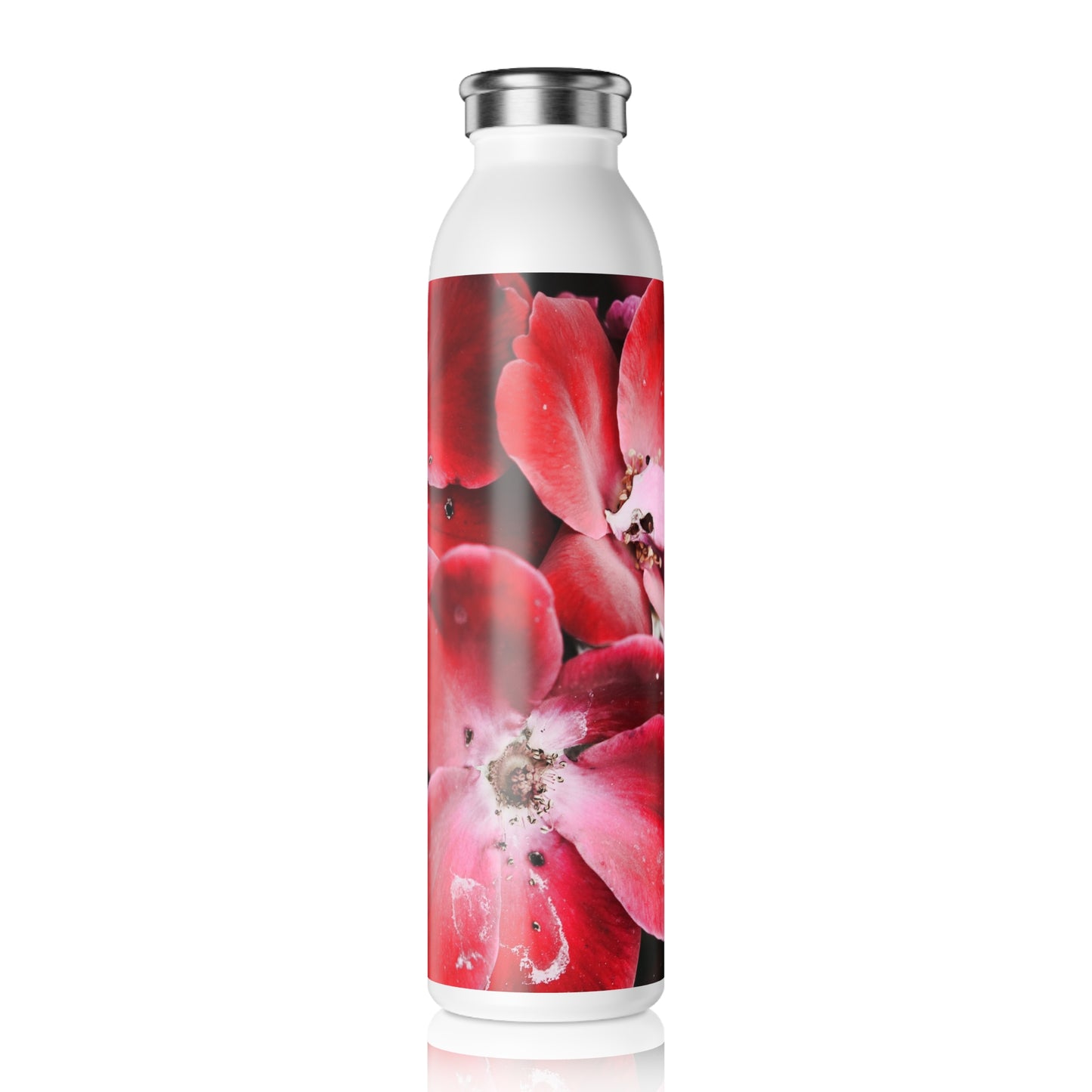 Bright Red Flowers Slim Water Bottle, Eco-Friendly Drinkware, Red Flower Design, Hydration Gift for Her, Summer Accessory, Gym Bottle