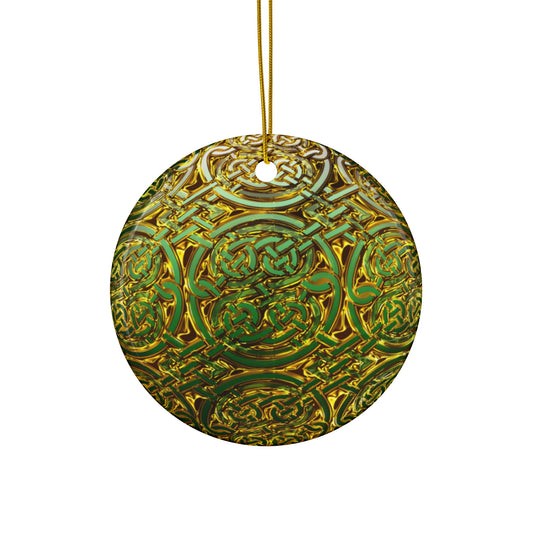 Celtic Green Gold Ceramic Star Ornament — Intricate Knotwork Holiday Decoration