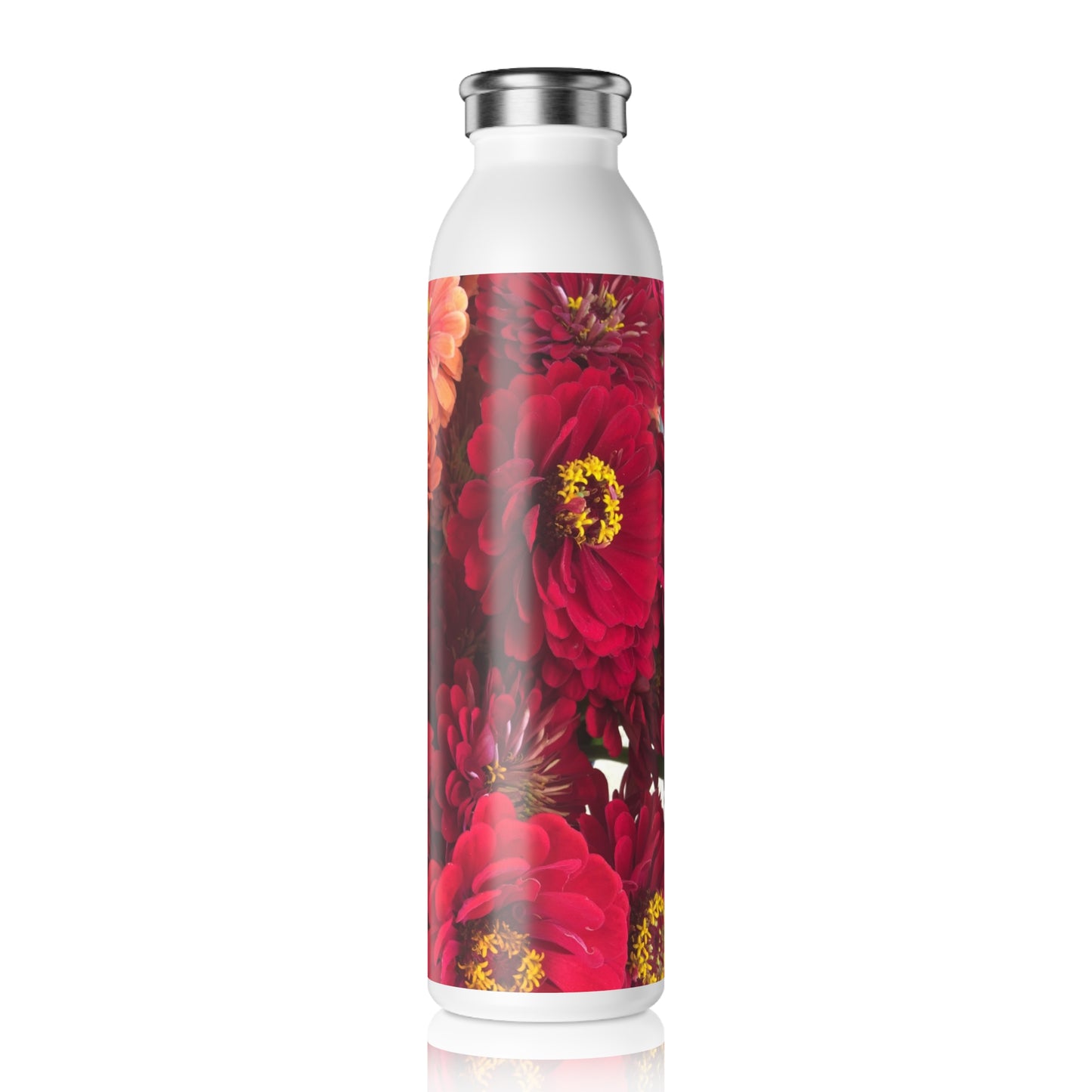 Peach and Pink Zinneas Slim Water Bottle - Stylish Hydration for Eco-Friendly Lifestyle, Summer Picnic, Fitness, Gift for Her, Floral Design