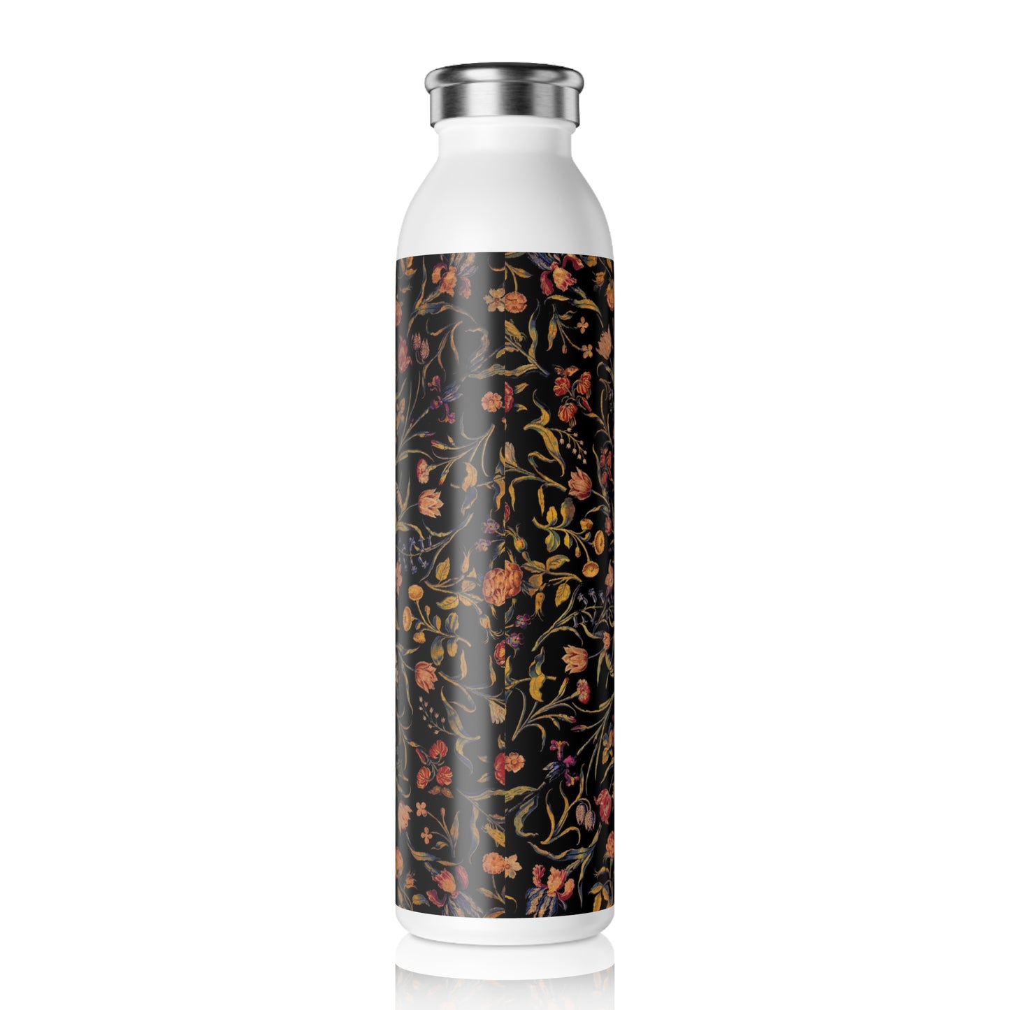 Medieval Flowers On Black Slim Water Bottle - Stylish Drinkware for Yoga, Gifts for Her, Eco-Friendly Hydration, Summer Accessory, Travel Essential