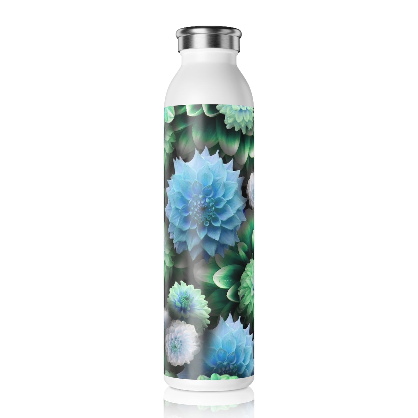 Blue Green Dahlias Slim Water Bottle with Floral Design - Eco-Friendly Hydration, Gift for Nature Lovers, Travel Companion, Fitness, Home Decor
