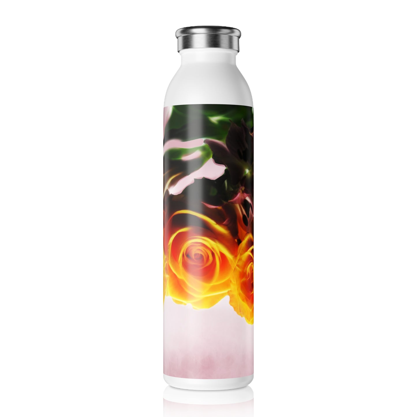 Mini Orange Roses on Pink Slim Water Bottle - Stylish Eco-Friendly Hydration, Gift for Nature Lovers, Travel, Exercise, Fitness, Summer Collection