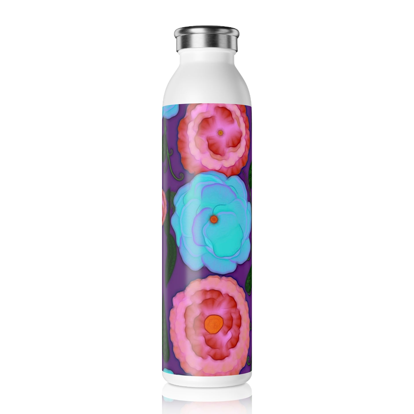 Pink and Blue Flowers On Purple Slim Water Bottle, Stainless Steel Bottle, Reusable Hydration Gift, Eco-Friendly Drinkware, Spring/Summer Outdoors