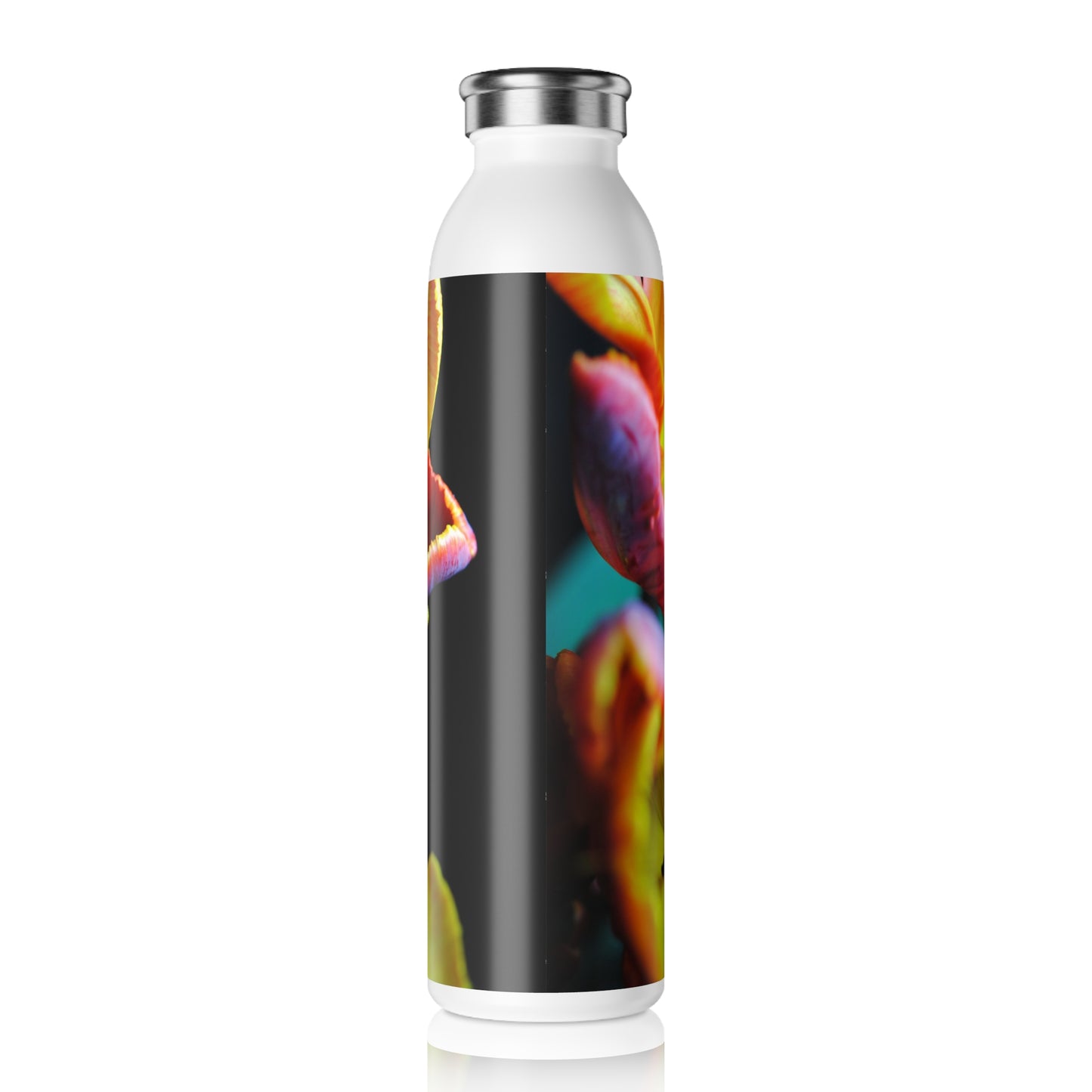 Orange Open Parrot Tulips Slim Water Bottle - Eco-Friendly Drinkware, Hydration Companion, Fitness Gift, Travel Mug, Unique Floral Design