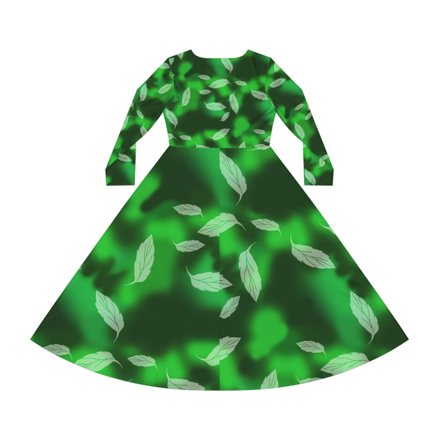 Women's Long Sleeve Dance Dress, Elegant Green Leaf Print, Perfect for Parties, Dance Recitals, Fall Celebrations, Eco-Friendly Fashion
