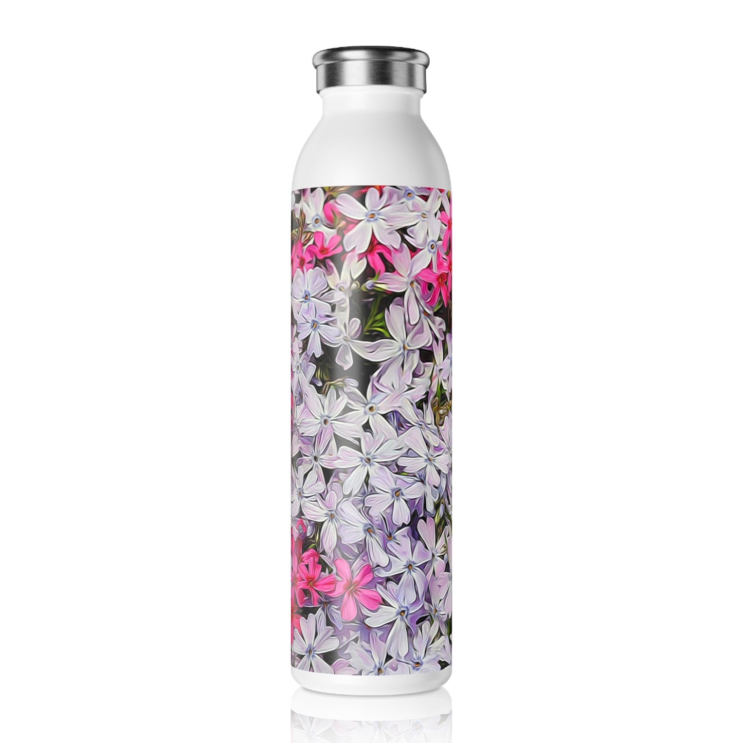 Pink and White Phlox Slim Water Bottle | Eco-Friendly Hydration, Reusable Drinkware, Gift for Nature Lovers, Summer Essentials, Fitness Companion