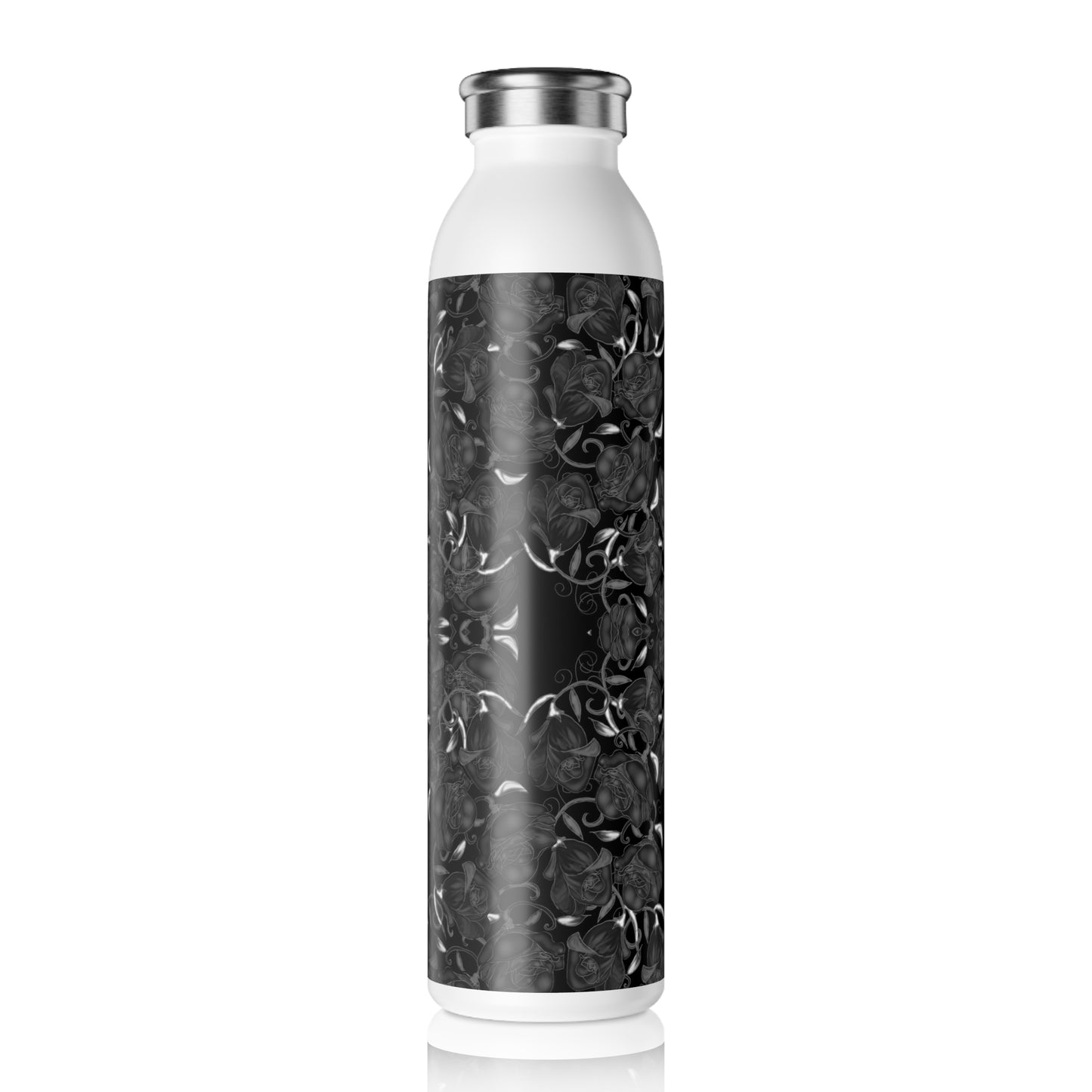 Black Roses Slim Water Bottle with Black Floral Design, Eco-Friendly Hydration, Travel Accessory, Gift for Her, Gym Companion
