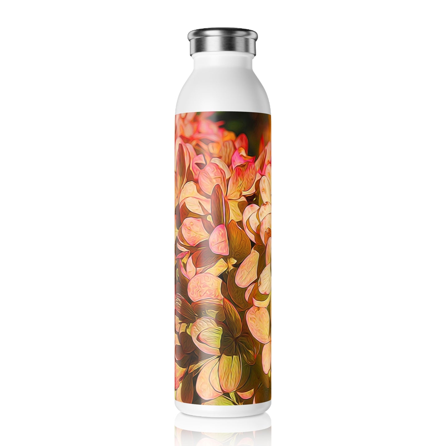 Pink and Cream Hydrangeas Slim Water Bottle - Eco-Friendly Hydration, Travel Mug, Workout Companion, Summer Essential, Gift for Nature Lovers