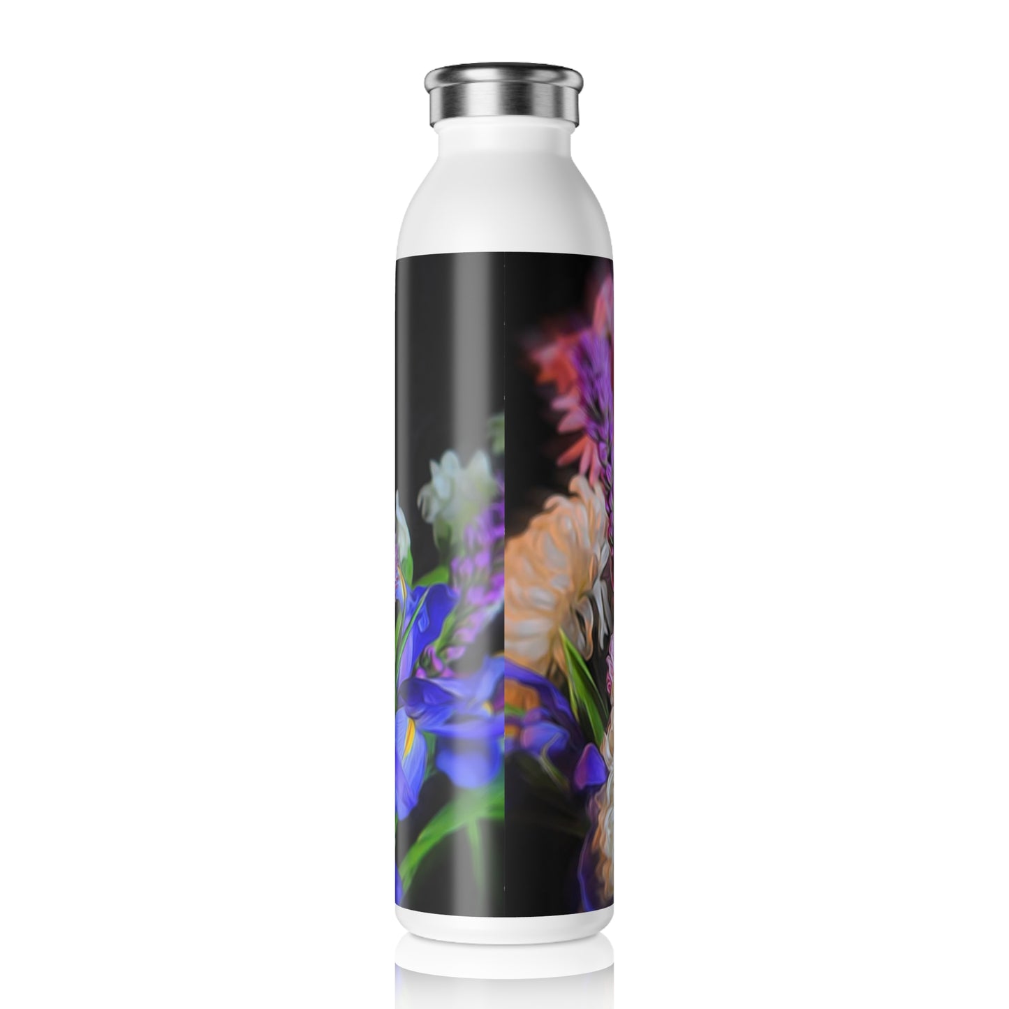 Blue White Purple Bouquet Slim Water Bottle - Eco-Friendly Drinkware, Hydration Gift, Fitness Accessory, Travel Mug, Spring Flower Design