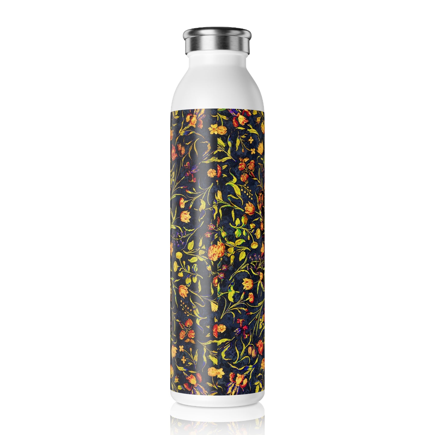 Medieval Flowers on Blue Slim Water Bottle - Eco-Friendly Hydration, Reusable Drink Container, Gardening Gift, Yoga Companion, Nature Lover's Bottle