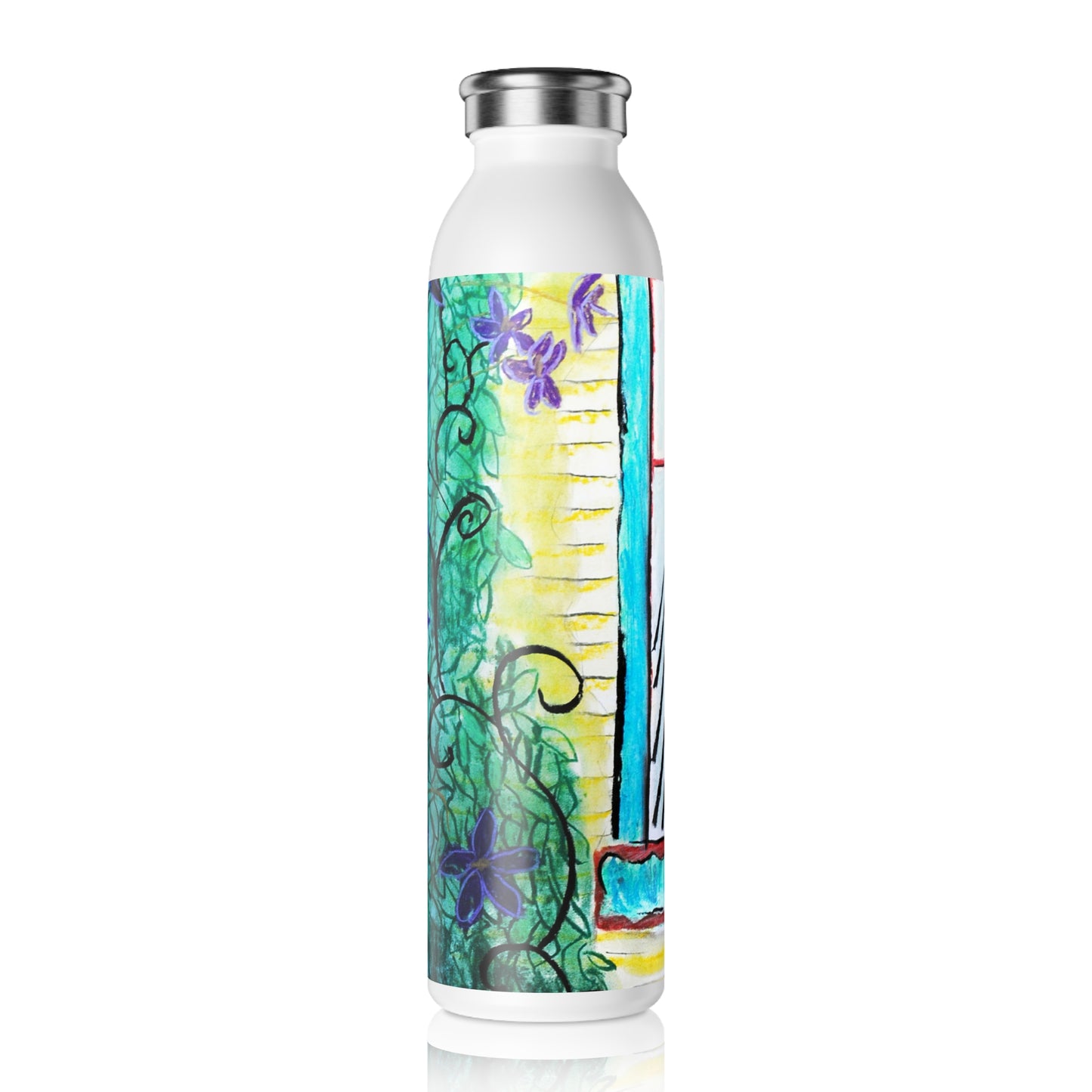 Climbing Purple Vines Slim Water Bottle, Floral Design Water Bottle, Eco-Friendly Drinkware, Reusable Water Bottle, Nature Lover Gift, Vibrant Hydration