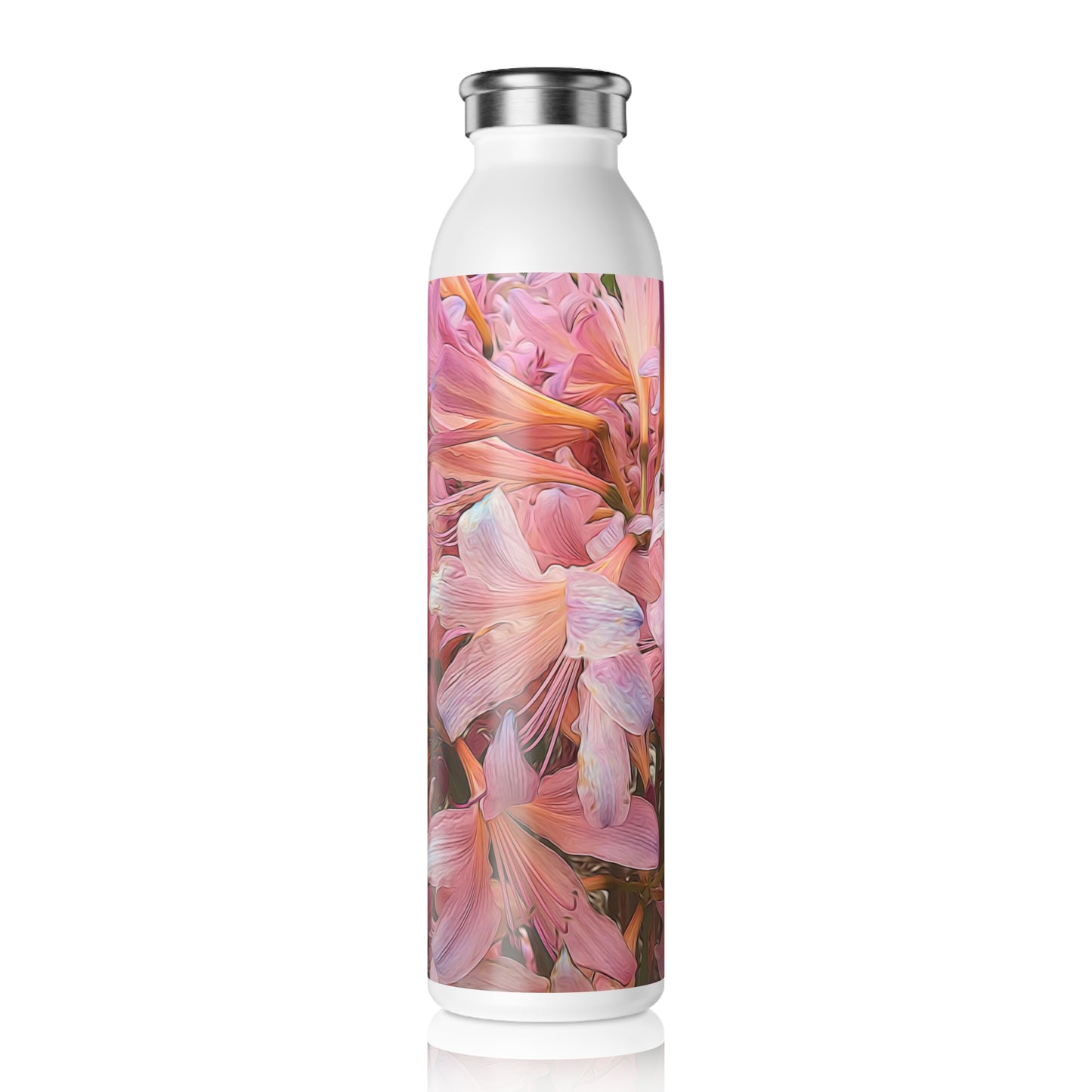 Pink Amaryllis Slim Water Bottle, Stylish Hydration, Eco-Friendly Gift, Summer Accessory, Floral Design Bottle, Perfect for Outdoors, Sports