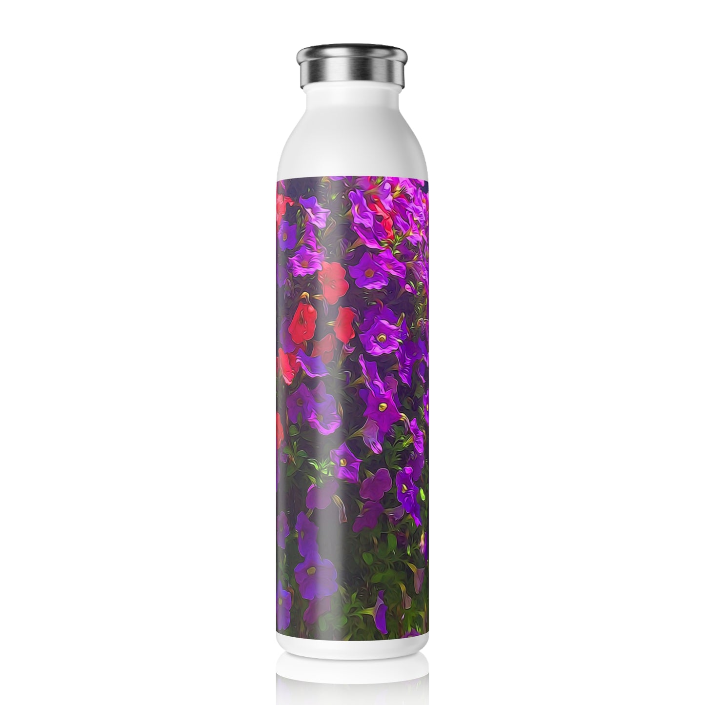 Pile of Petunias Slim Water Bottle - Eco-Friendly Hydration, Perfect for Fitness, Travel, Gifts, Summer, Gardening
