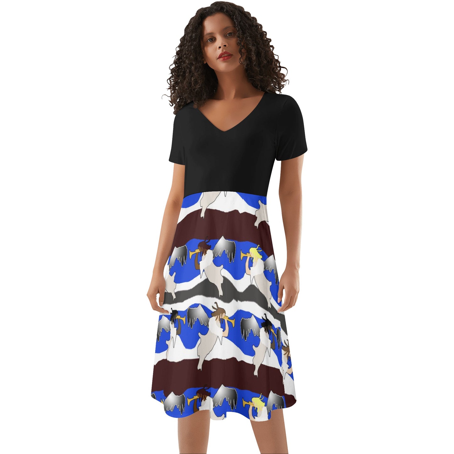 Angels Pattern Womens Black Ruffle Summer Dress