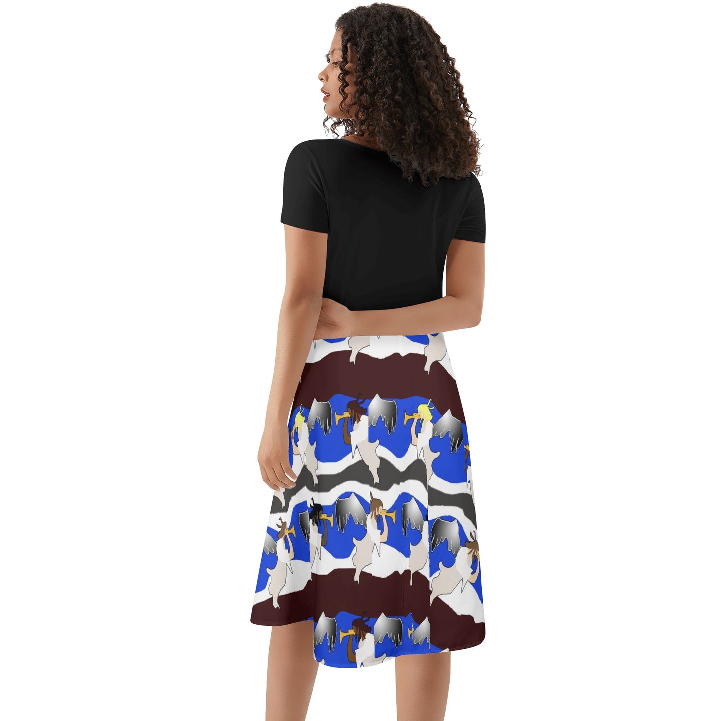 Angels Pattern Womens Black Ruffle Summer Dress